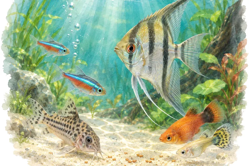 Illustration aquarelle : Vrai ou faux : un poisson qui réclame à manger a forcément faim.