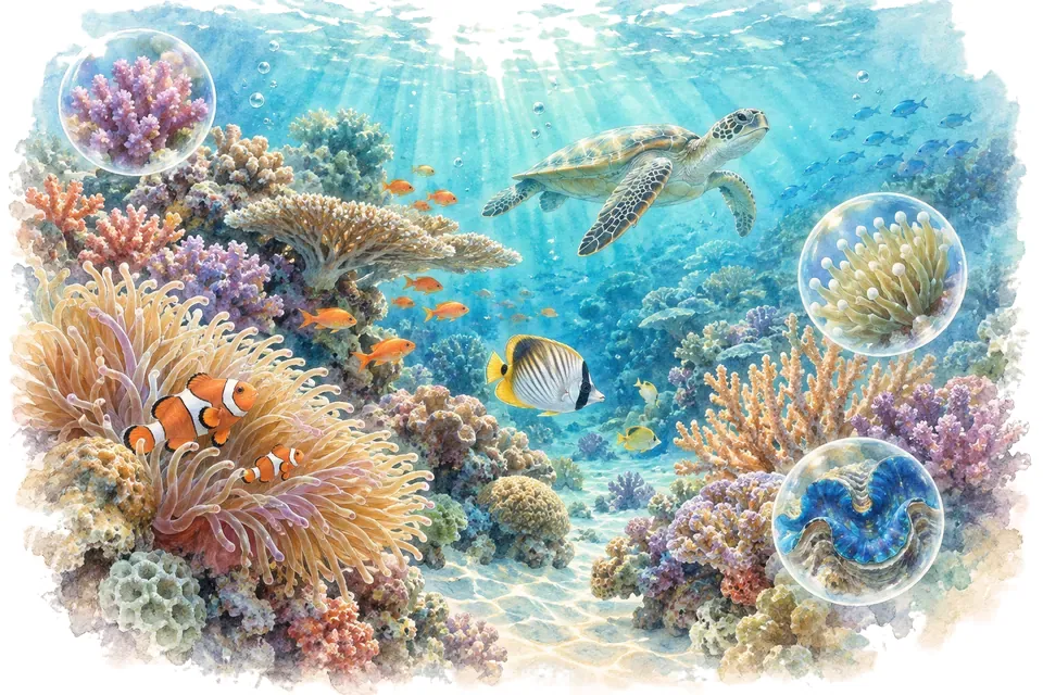 Planche aquarelle : les récifs coralliens.